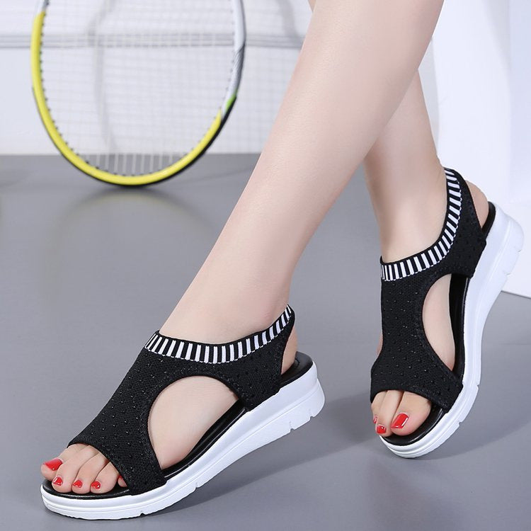 2024 summer new hole shoes Roman shoes foreign trade large size flying woven fish mouth hollow thick bottom wedge heel sports sandals for women