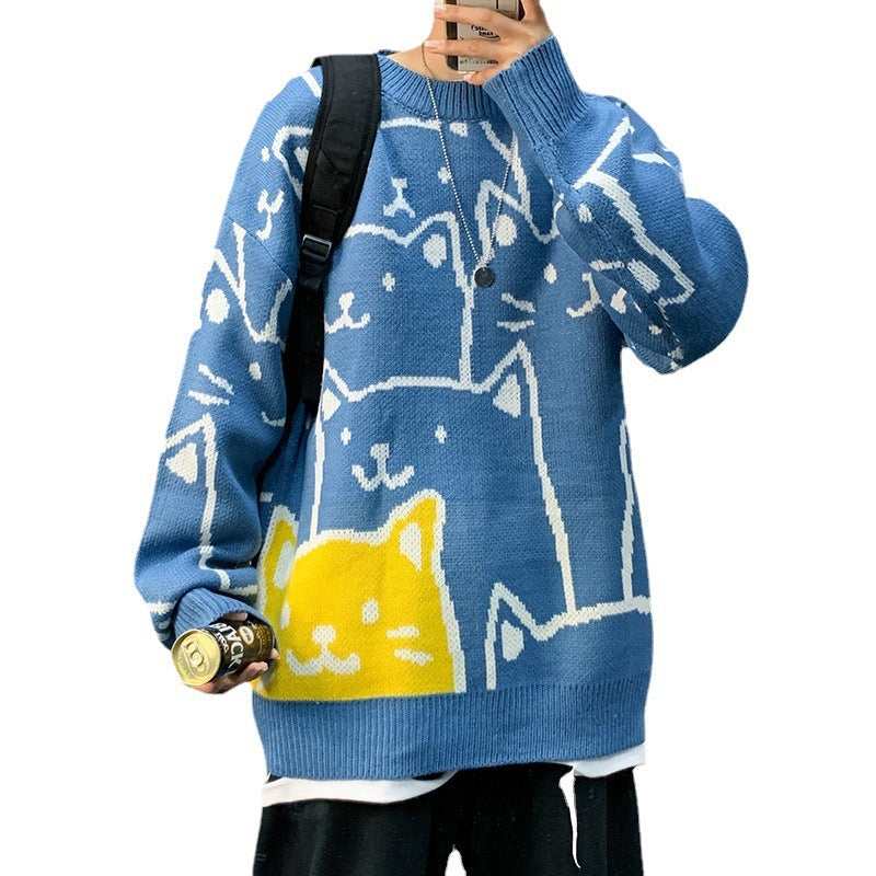 2021 autumn and winter new cat sweater men's loose casual tide brand round neck sweater Korean version couple trend coat