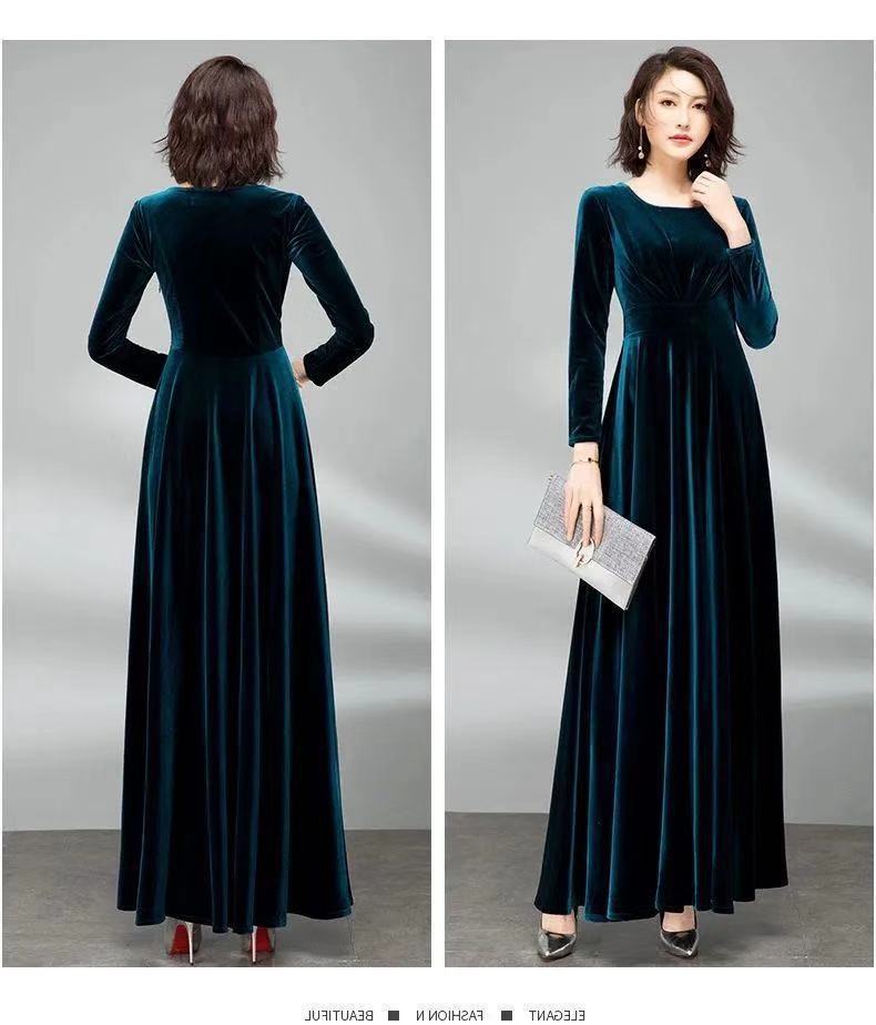 609#Real shot Good quality noble lady autumn and winter gold velvet dress waist long skirt manufacturer wholesale