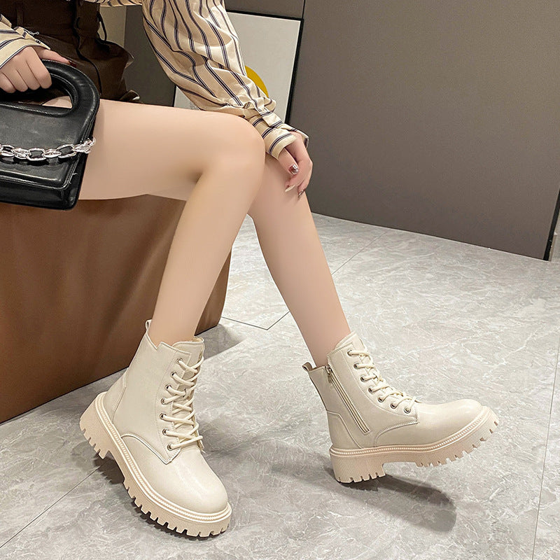 2023 Winter New Martin Boots Women's Round Toe Solid Color Fashionable British Style Retro Casual Thick Sole Plus Velvet Women's Boots