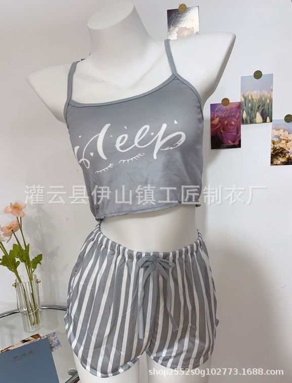 2023 New Arrival Suspender Pajamas Women Drawstring Shorts Set Letter Stripe Printing Ladies Home Clothes Can Be Worn Outside