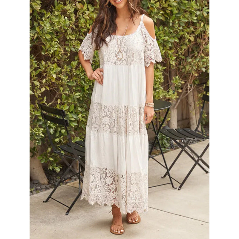 2023 new cross-border Amazon best-selling European and American women's sling rayon stitching lace beach holiday dress