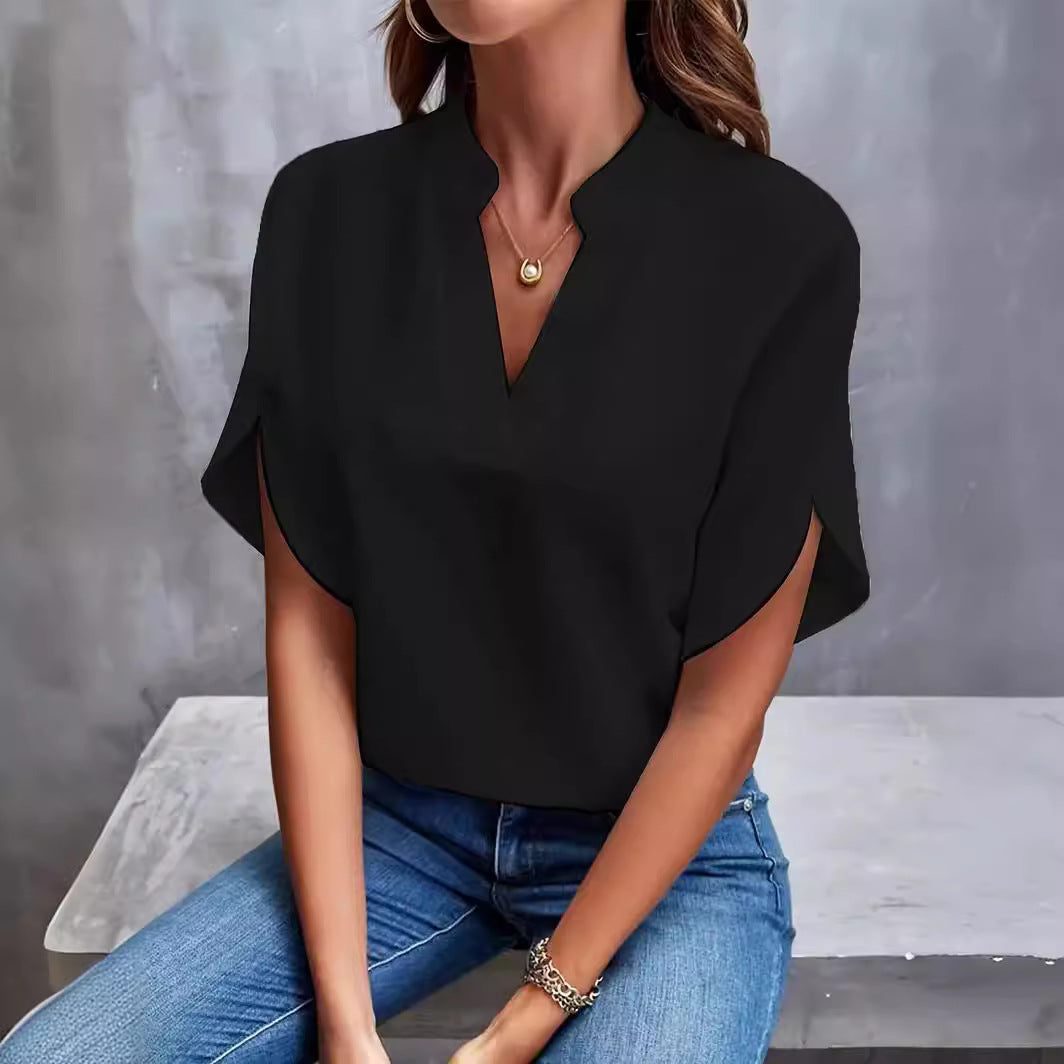 2024 Amazon cross-border European and American foreign trade women's clothing summer casual solid color V-neck loose shirt tops for women