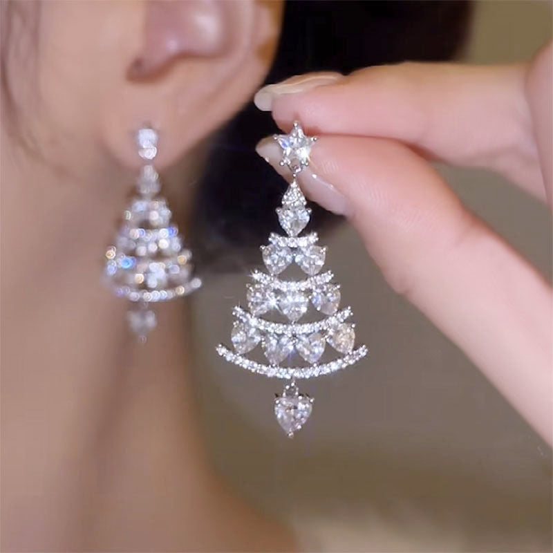 2023 New Flash Diamond Christmas Tree Earrings Women's 925 Silver Needle High-Quality Earrings Temperament Versatile Face-Slimming Earrings