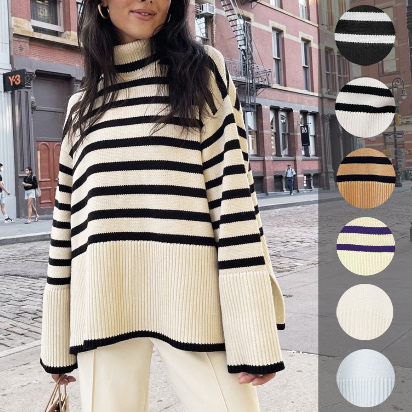 2021 cross-border autumn and winter new AliExpress Amazon popular women's high-neck knitted striped slit sweater top