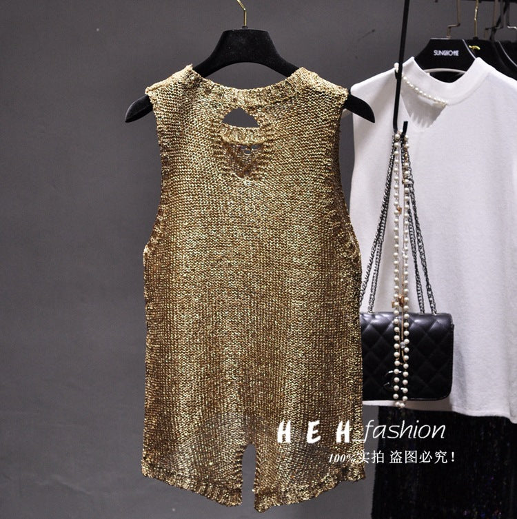 2020 spring and summer sexy hollow round neck slit front and rear short sequined camisole see-through sequined sleeveless top