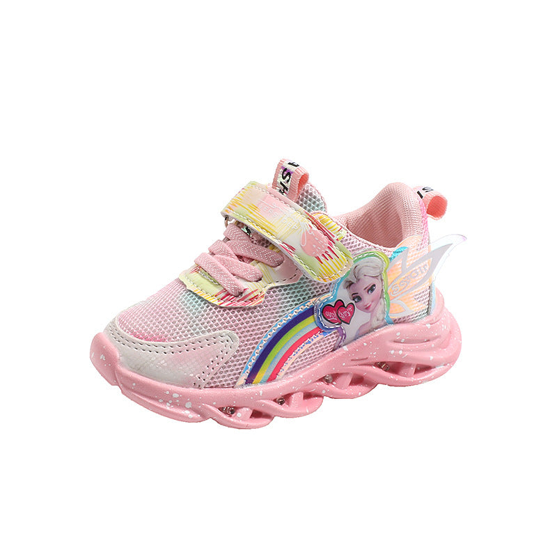 Wholesale girls' shoes with lights 2023 spring and autumn new mesh breathable children's sports shoes all-match Aisha children's shoes