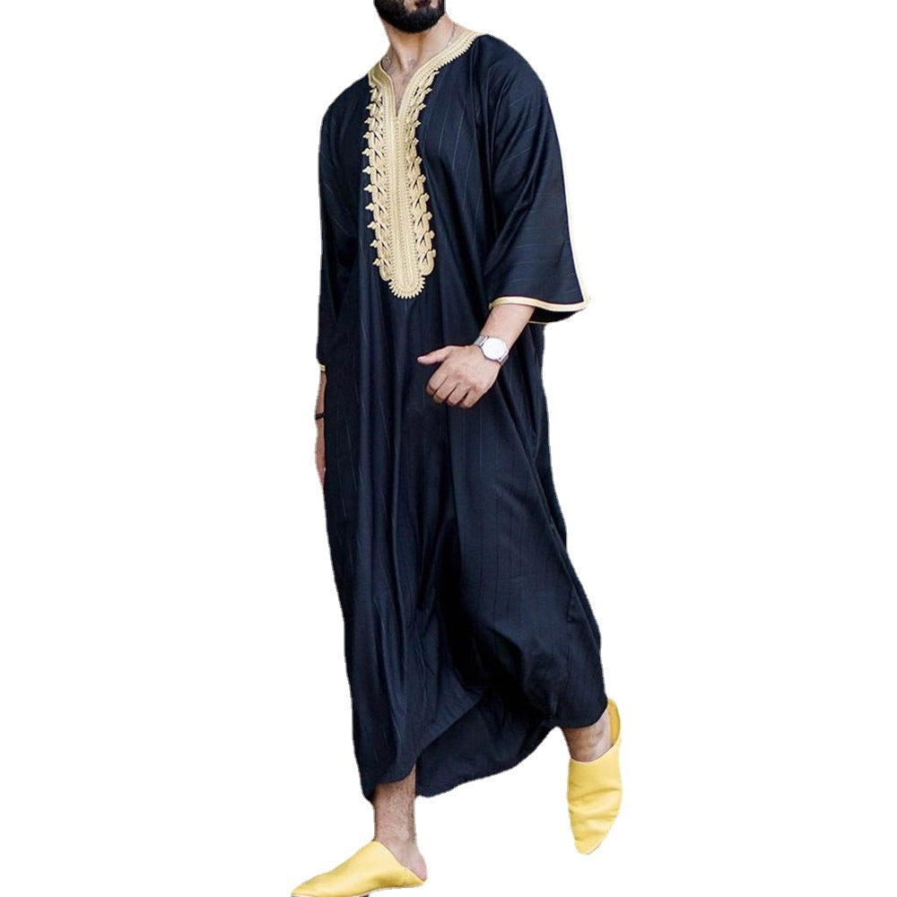 2022 cross-border AliExpress new Muslim robe ethnic style jumpsuit loose casual V-neck sleeve men's clothing