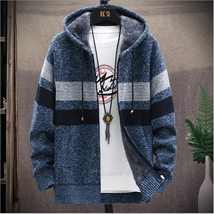 2022 autumn new men's fleece thickened color matching hooded sweater jacket