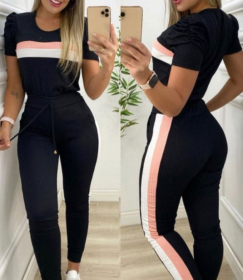 2021 European and American foreign trade e-commerce Amazon women's clothing color matching tight casual short-sleeved suit