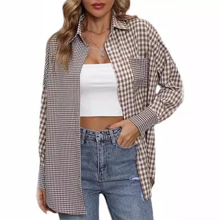 2023 Amazon women's spring and summer new cross-border European and American foreign trade ladies' fashion loose casual plaid shirt