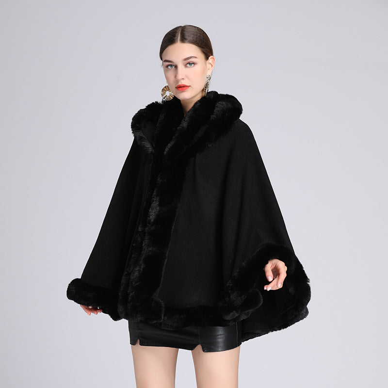 692#European and American autumn and winter new imitation rex rabbit fur collar hooded shawl cloak large size loose cloak coat female