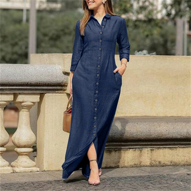 2022 European and American autumn women's clothing temperament elegant fashion neutral style long-sleeved lapel cardigan solid color long denim skirt