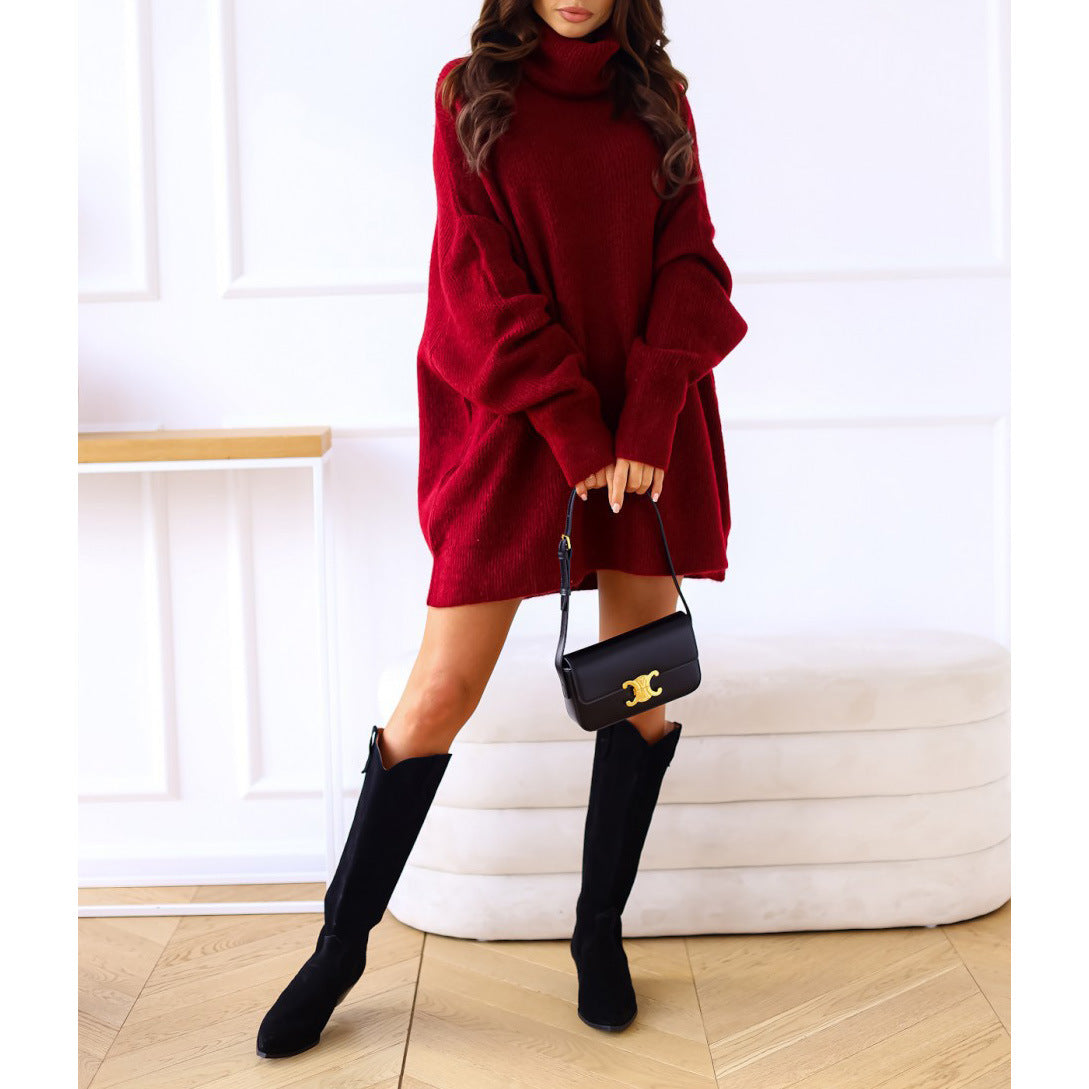 2023 European and American women's sweater Amazon solid color turtleneck sweater pile collar large size loose cross-border sweater women