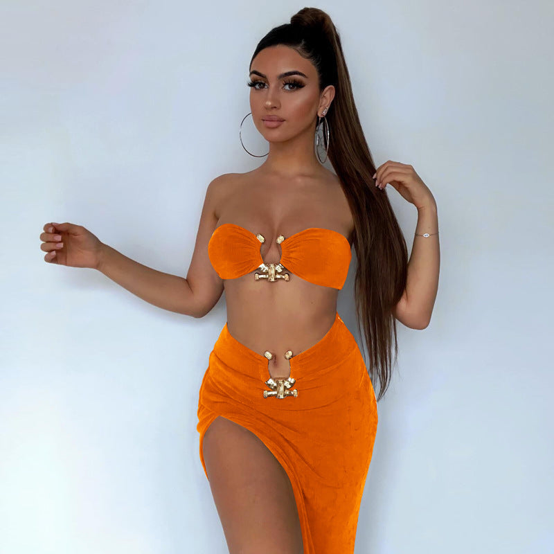 2022 European and American foreign trade women's clothing new tube top navel open back top sexy slit bag hip skirt two-piece set