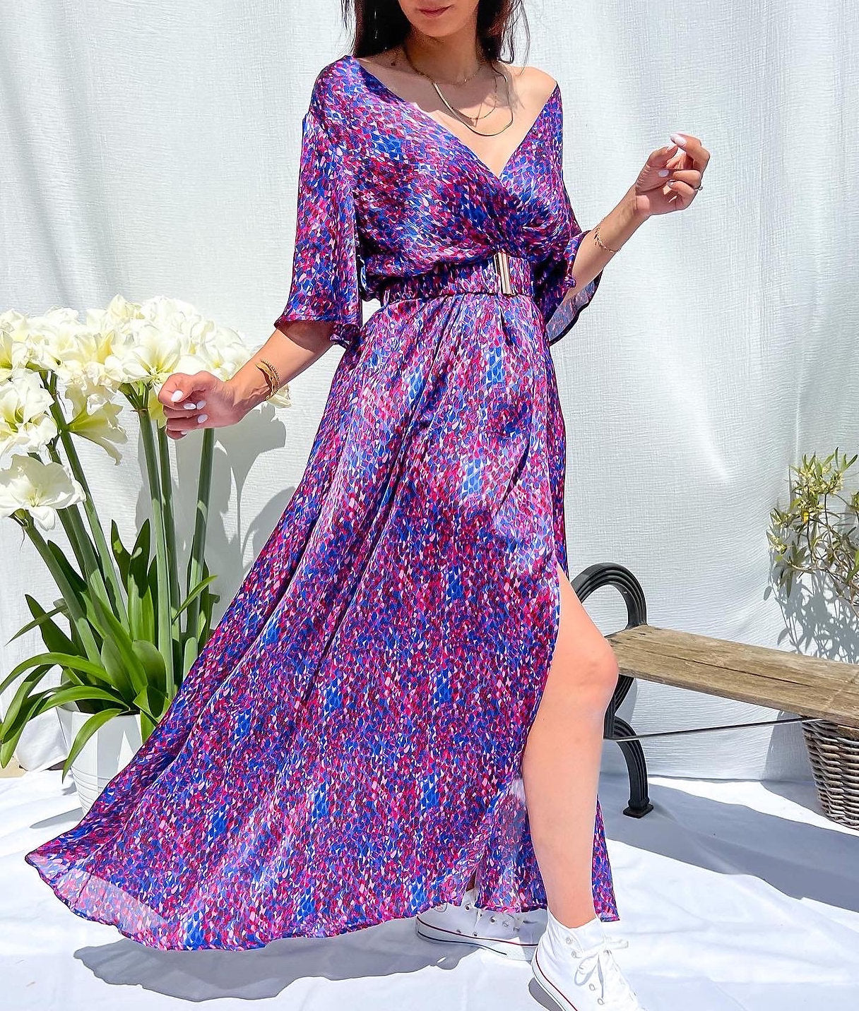 2023 summer ebay independent station wish Amazon temperament V-neck belt printed dress long skirt