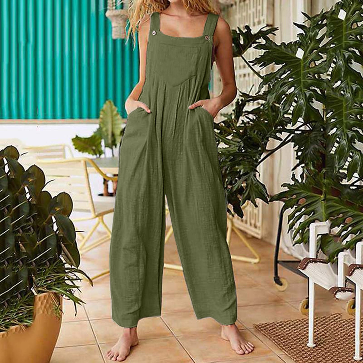 2021 new Amazon cross-border foreign trade female printing sleeveless side pocket casual wide-leg side buckle jumpsuit