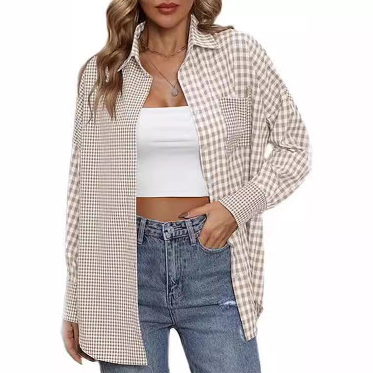 2023 Amazon women's spring and summer new cross-border European and American foreign trade ladies' fashion loose casual plaid shirt