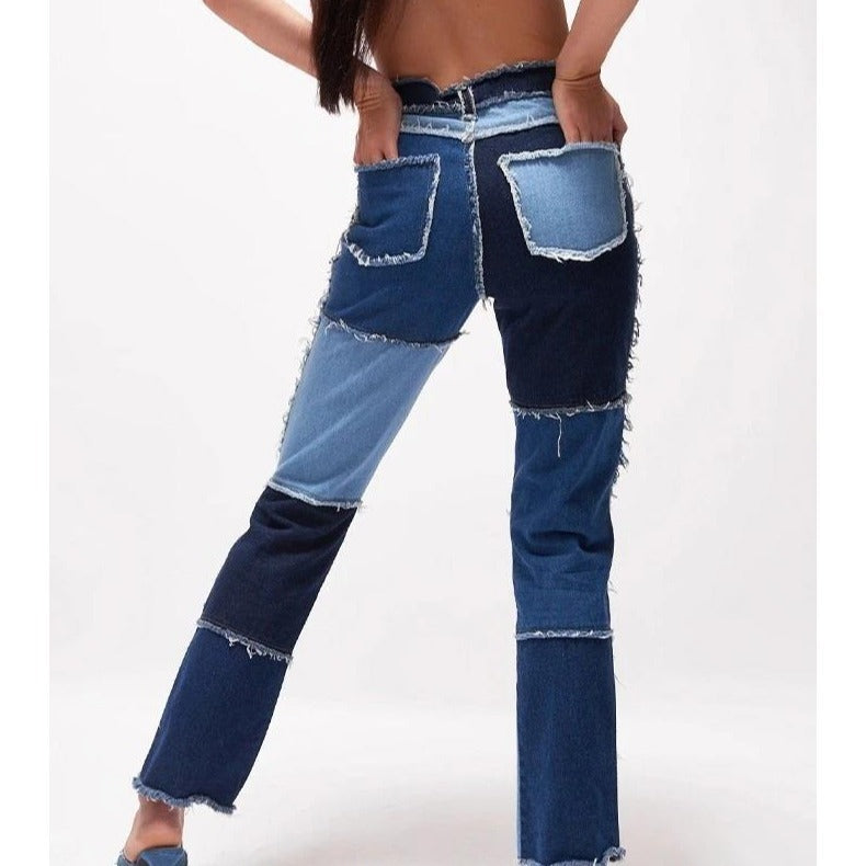 2020 hot-selling cross-border Amazon wish AliExpress eBay high elastic stitching raw edge women's straight-leg jeans