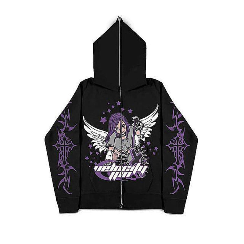 2024 New European and American Dark Sweatshirts Men's and Women's Hoodies Gothic Couple Harajuku Gun Girl Printed Zipper