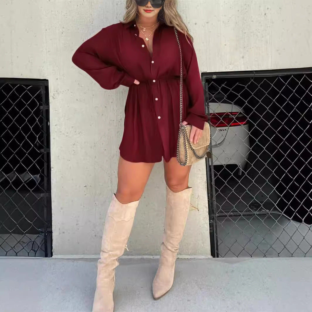 2024 European and American cross-border autumn new women's clothing independent station AliExpress fashion solid color long-sleeved shirt jumpsuit