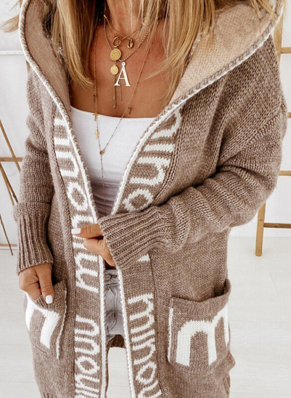 2022 autumn and winter new products mid-length cardigan foreign trade hooded letter knitted sweater women's European and American sweater knitted jacket