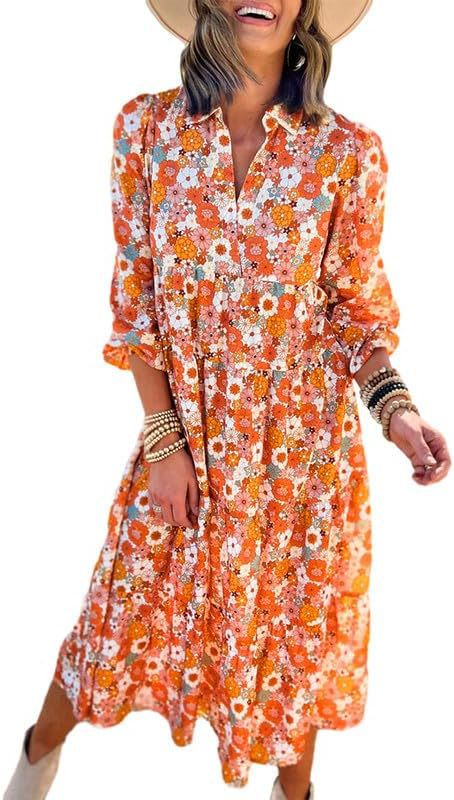 2024 Amazon New Casual Loose Bohemian Floral Dress Long Sleeve Puff Sleeve V Neck Ruffle