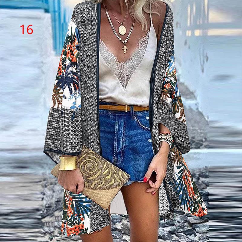 Women's 2022 Europe and America Cross Border Trendy New Casual Fashion Vacation Batwing Long Sleeve Cardigan Printed Top