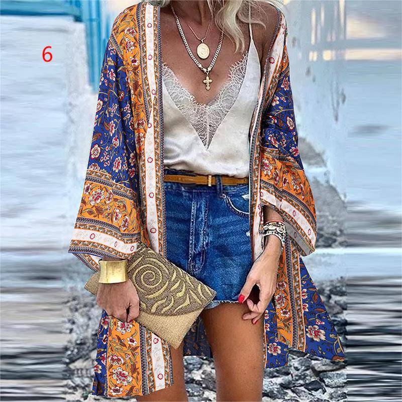 Women's 2022 Europe and America Cross Border Trendy New Casual Fashion Vacation Batwing Long Sleeve Cardigan Printed Top