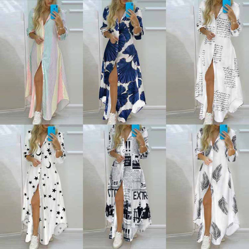 2022 spring Amazon foreign trade wish women's clothing temperament print single-breasted slit shirt dress long skirt