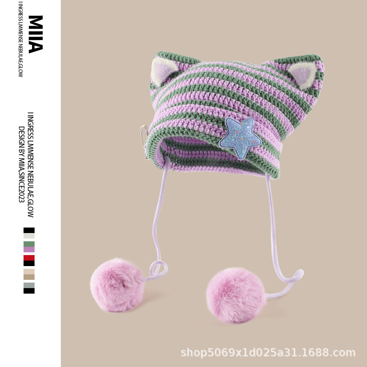 Winter handmade rabbit fur ball striped little devil knitted hat wholesale autumn and winter sweetheart cat ears woolen hat