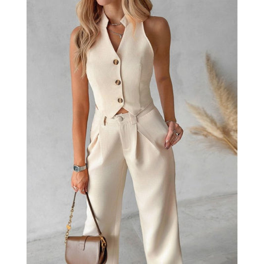 2024 European and American cross-border e-commerce factory supply button vest top wide-leg trousers casual suit