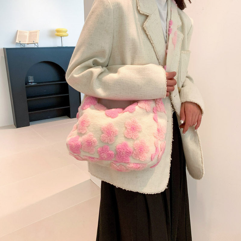 Wholesale Large Capacity Plush Bag 2023 New Trendy Casual Versatile Flower Plush Single Shoulder Crossbody Women's Bag Cross-Border