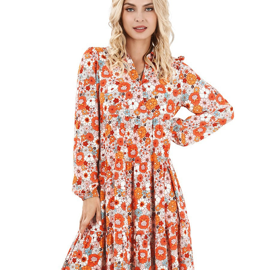 2024 Amazon New Casual Loose Bohemian Floral Dress Long Sleeve Puff Sleeve V Neck Ruffle