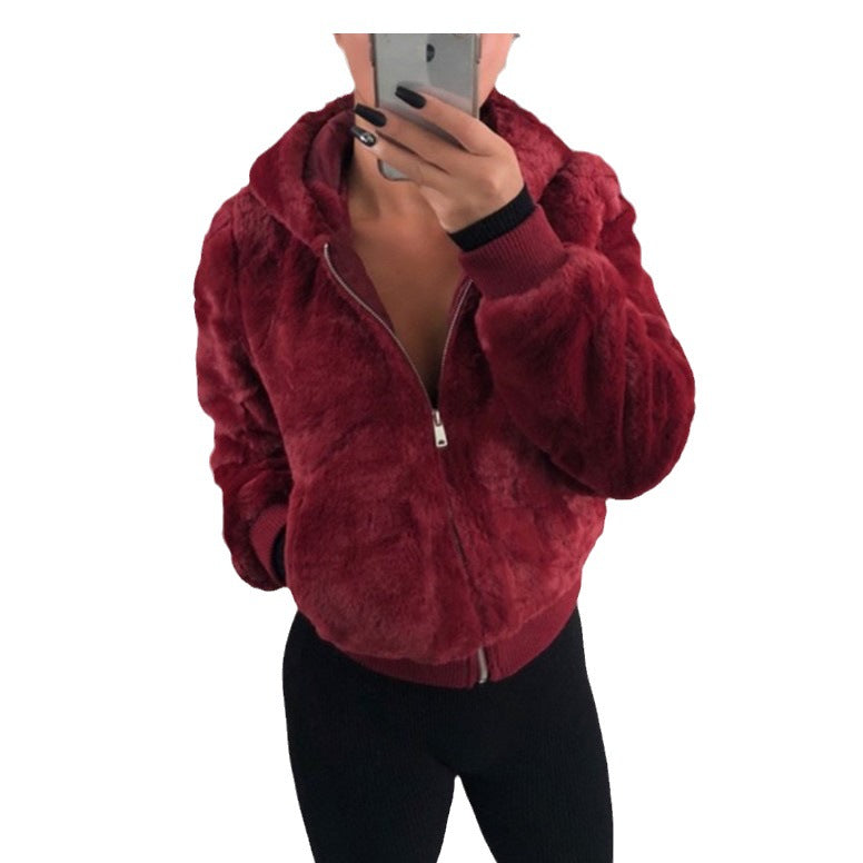 2023 foreign trade Amazon wish European and American autumn and winter hot-selling women's clothing hooded rabbit fur imitation fur plush coat for women