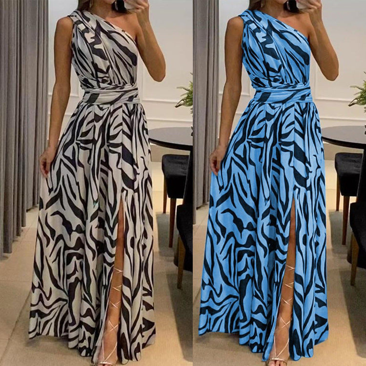 2023 summer new cross-border independent station women's sexy open back one shoulder sleeveless printed long dress 8087