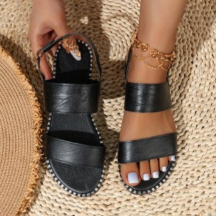 2023 summer new Korean style fashion fish mouth buckle with rhinestone low heel flat bottom fashion casual large size Rome