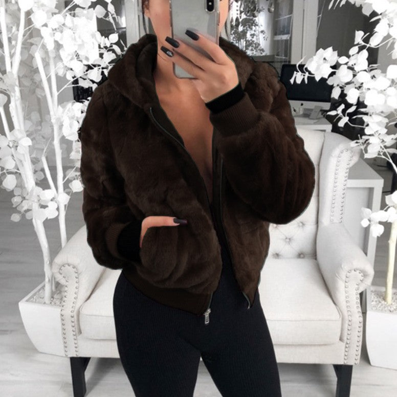 2023 foreign trade Amazon wish European and American autumn and winter hot-selling women's clothing hooded rabbit fur imitation fur plush coat for women