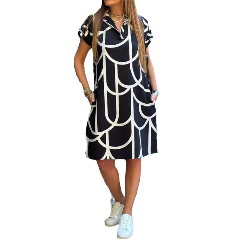 2024 Summer New Cross-border Amazon European and American Printed V-neck Pocket Short-sleeved Dress Women's Clothing