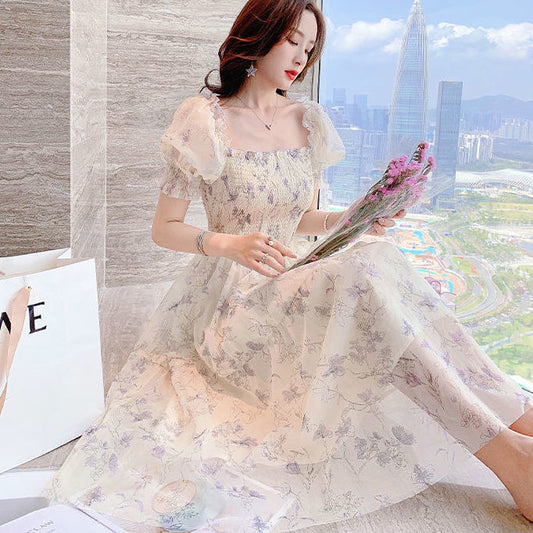 2024 Summer New French Ink Painting Puff Sleeve Waist Slimming Temperament Lady Floral Chiffon Dress