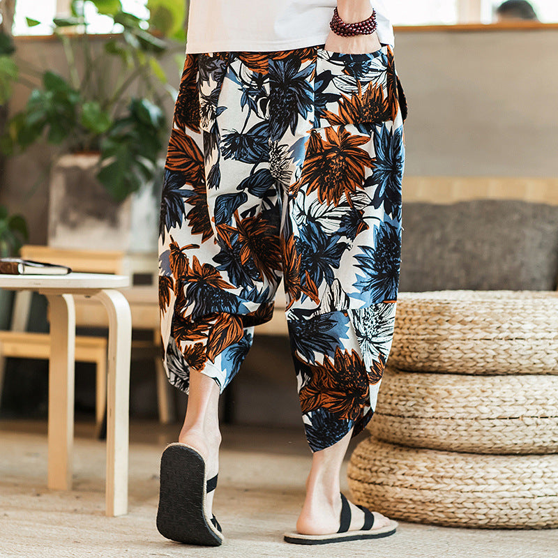 2023 summer Chinese style cotton and linen cropped pants men's ethnic style floral harem pants baggy pants large size beach pants