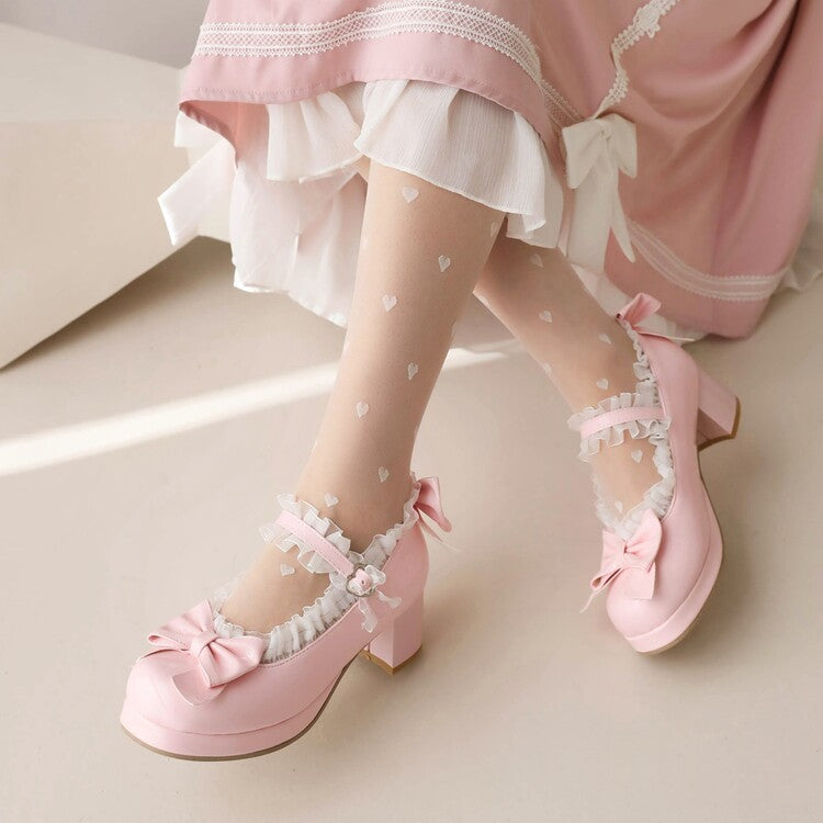 2023 new Lolita shallow mouth single shoes ruffled bow shiny leather mid-heel women's shoes size 3048