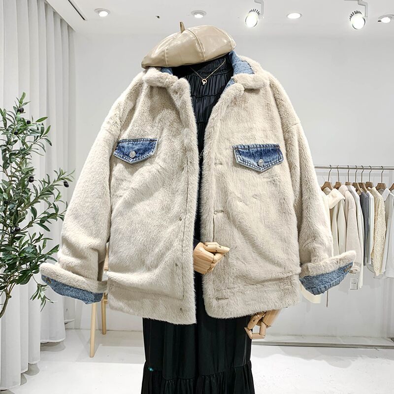 2023 Winter Fleece-lined Thickening Denim Jacket Women's Korean-Style Loose Lambswool Casual All-Matching Reversible Cotton-Padded Coat Fashion