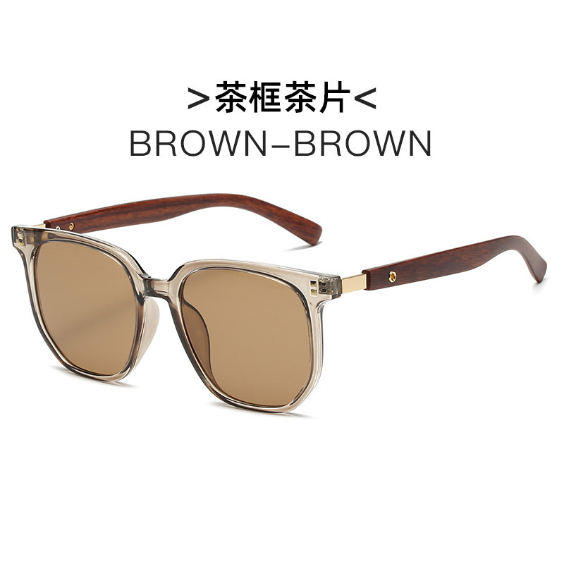 2023 New Korean Style Brown Sunglasses for Women Retro Wood Grain Legs Square Frame Round Face Glasses Fashion Sunglasses