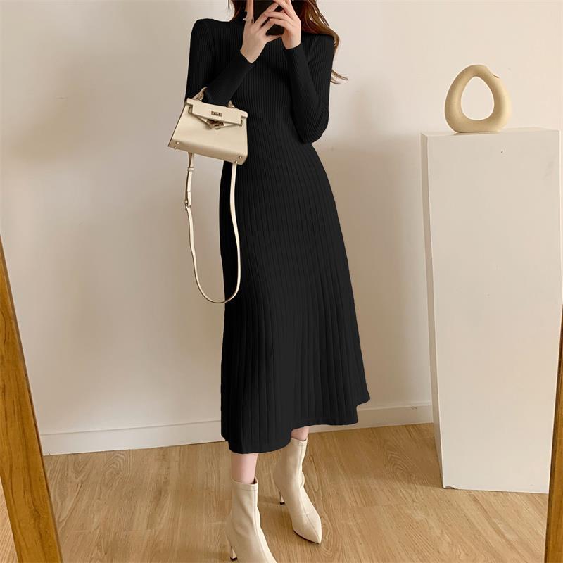 2023 new autumn and winter mid-length over-the-knee sweater skirt half turtleneck inner bottoming a-line knitted dress for women