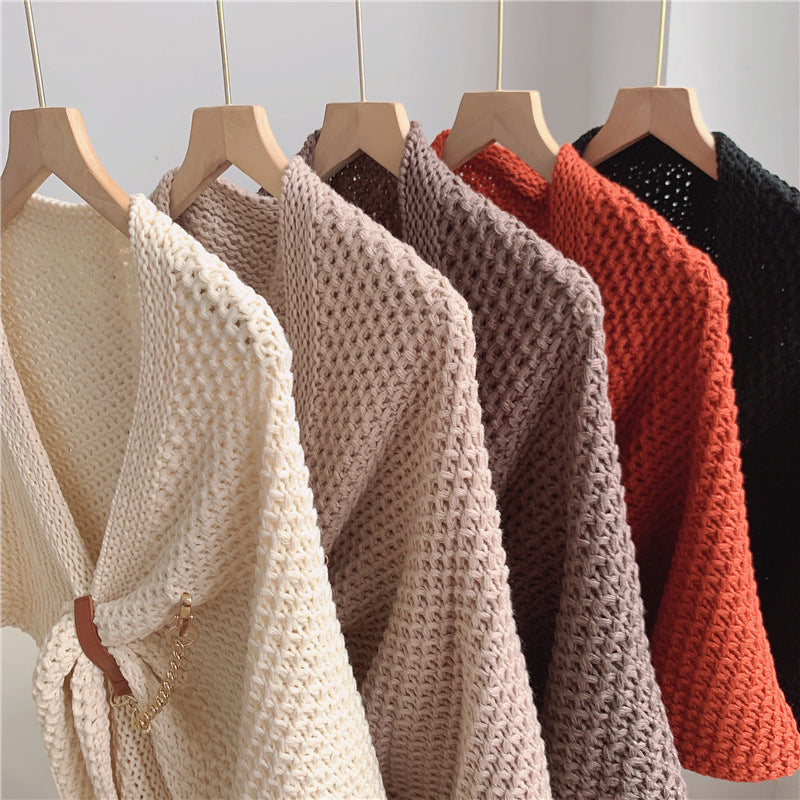 2021 autumn and winter all-match chain leather buckle knitted shawl hollowed out wool triangle scarf solid color shawl scarf dual-purpose