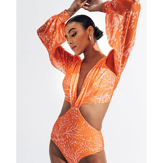 2022 new European and American sexy backless long-sleeved bikini one-piece high waist tie swimsuit female bikini