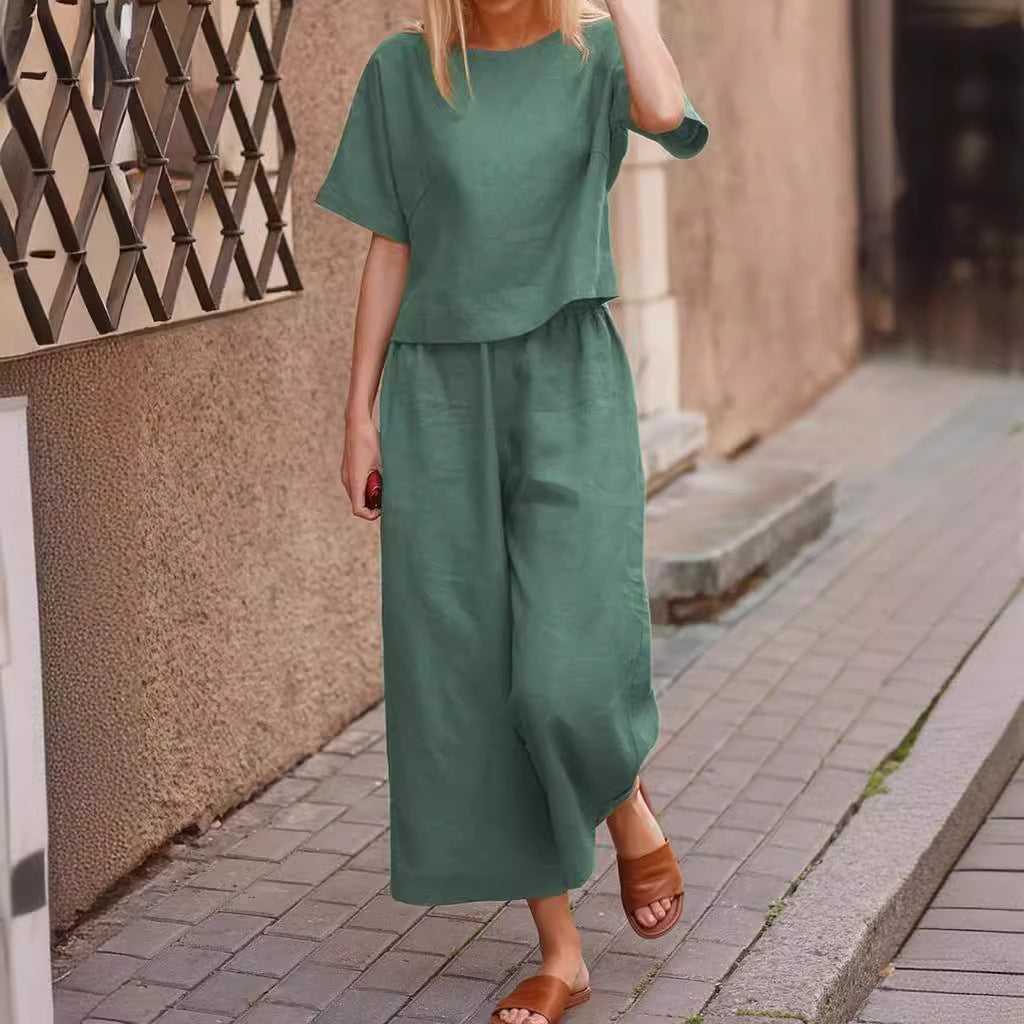 2023 Cross-border Amazon New Products Casual European and American Large Size Suit Loose Solid Color Shirt Trousers Two-piece Set