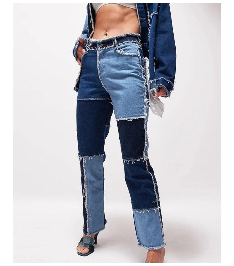 2020 hot-selling cross-border Amazon wish AliExpress eBay high elastic stitching raw edge women's straight-leg jeans