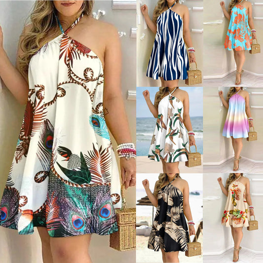 2022 Independent Station Wish Amazon Hot Summer off-Shoulder Halter Lace up Loose Women's Wear Dress Women